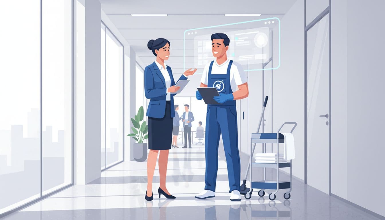 A business manager in a suit and a cleaning professional stand in a brightly lit, sterile office hallway. They engage in a focused conversation regarding service plans and maintenance protocols.