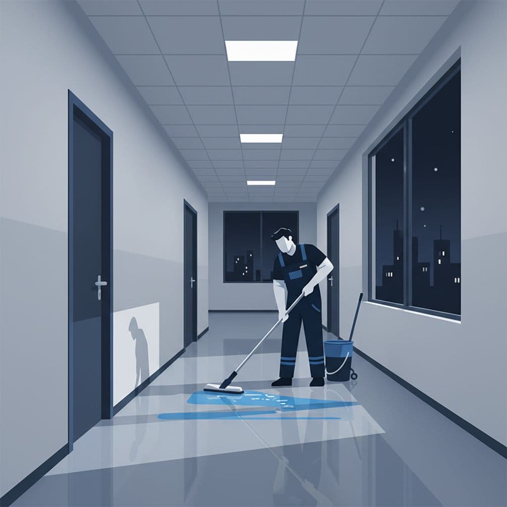 Night janitorial cleaning that complements day porter services in an office hallway.