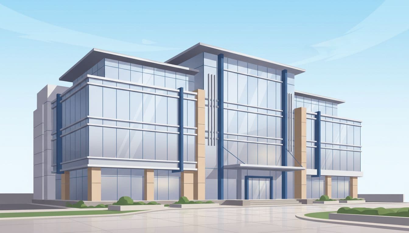 Multi-tenant office cleaning and property care for a modern office exterior.