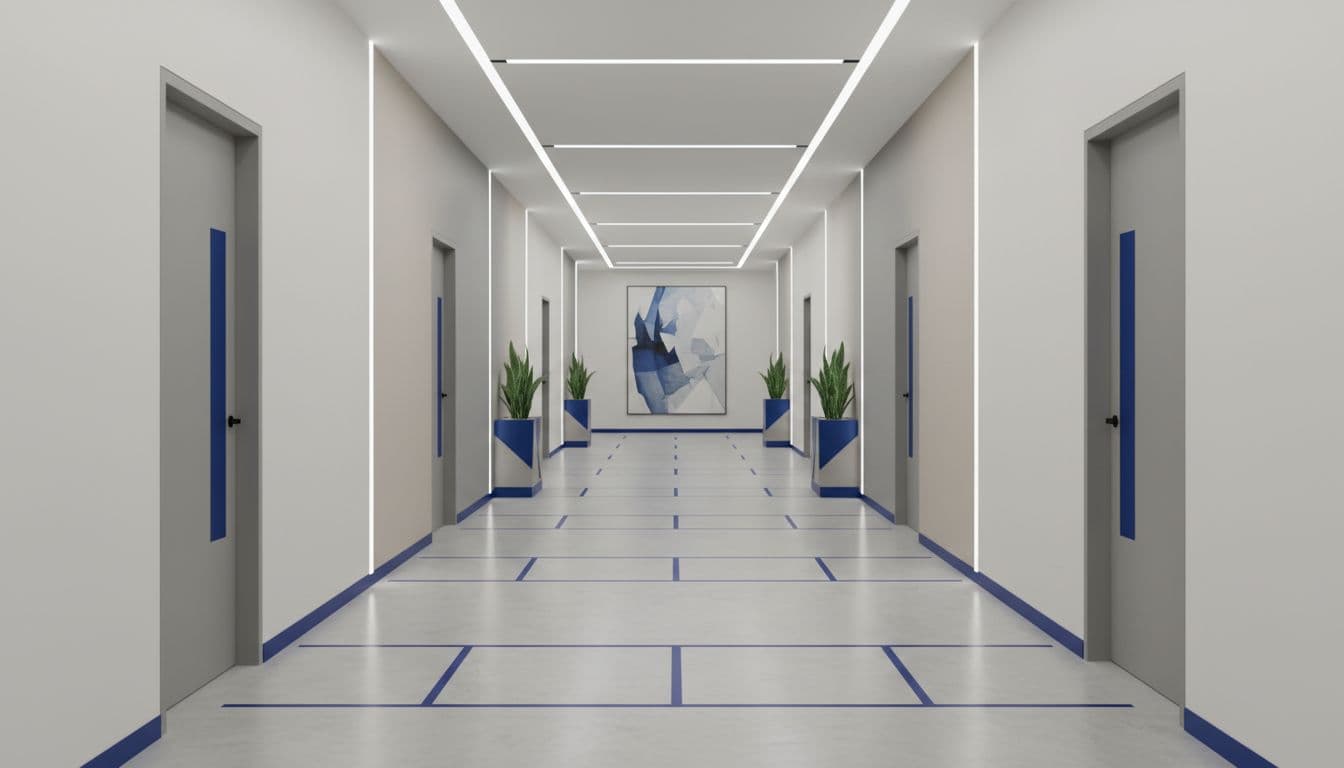 Multi-tenant office cleaning hallway in a shared professional building.