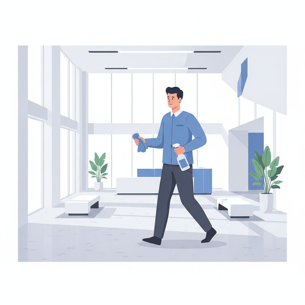 Day porter services in a modern office lobby, with a porter carrying cleaning supplies.