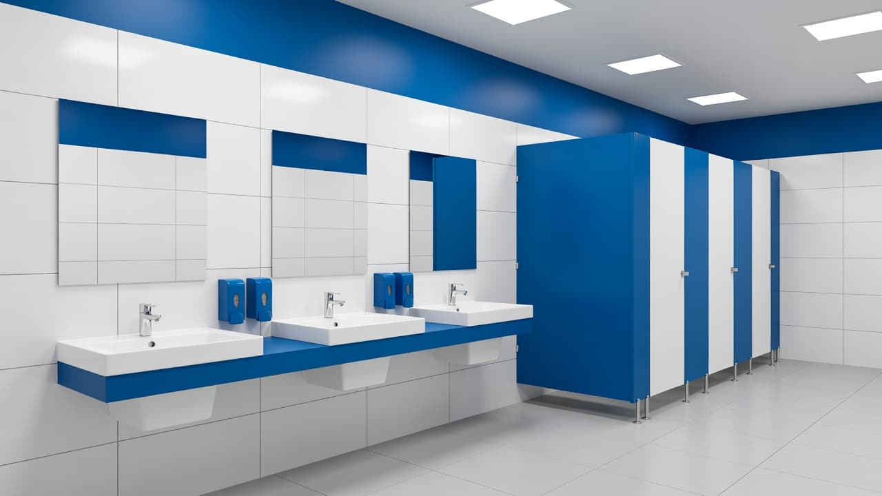 A pristine restroom features gleaming white tile walls accented by bold, saturated blue partitions and fixtures. Bright overhead lighting reflects off the polished floors, highlighting the minimalist and organized environment.