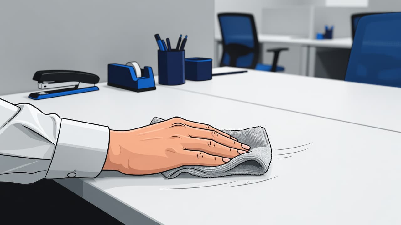 Shared desk cleaning in action with a microfiber cloth wiping down a hot desk surface
