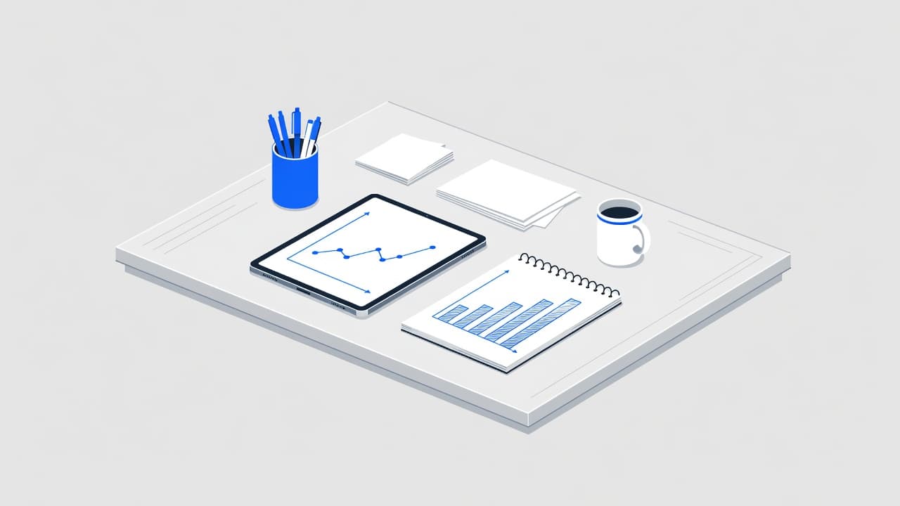 A sleek desk features a tablet displaying a financial graph next to a notepad with analytical charts. The modern illustration uses bold blue accents and geometric shapes for a professional aesthetic.