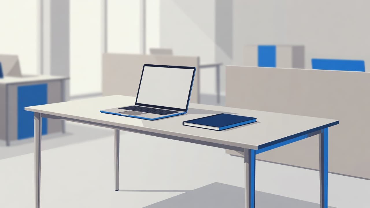 Shared desk cleaning at a minimalist hybrid office workstation with a laptop and notebook on a clear surface