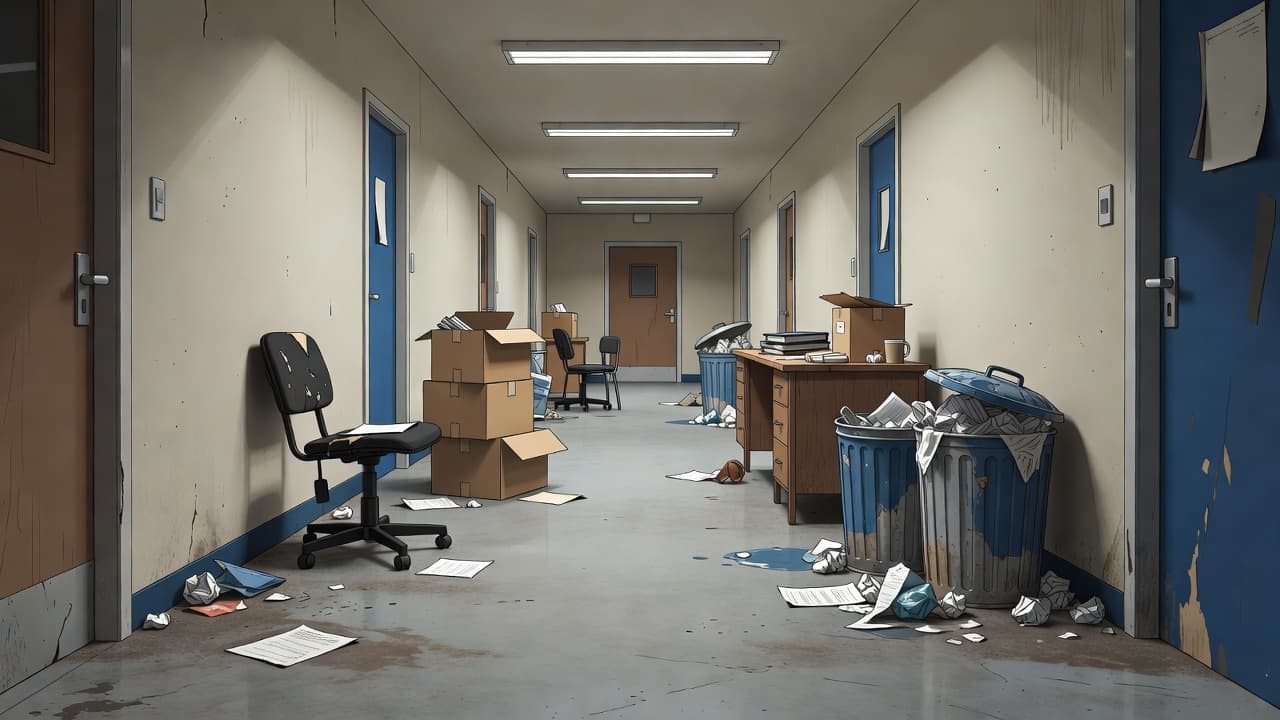 An unkempt hallway features overflowing trash bins, scattered furniture, and layers of thick dust on the floor. Deep blue structural accents contrast with the disarray in this modern illustrated space.