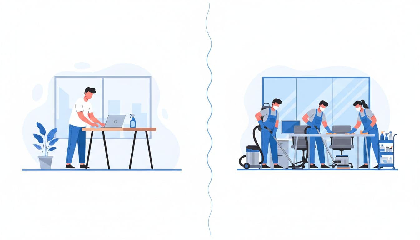 A split-screen illustration compares a solitary employee wiping a desk with a cloth against a uniformed team using industrial vacuum equipment to sanitize the surrounding office environment with precision.
