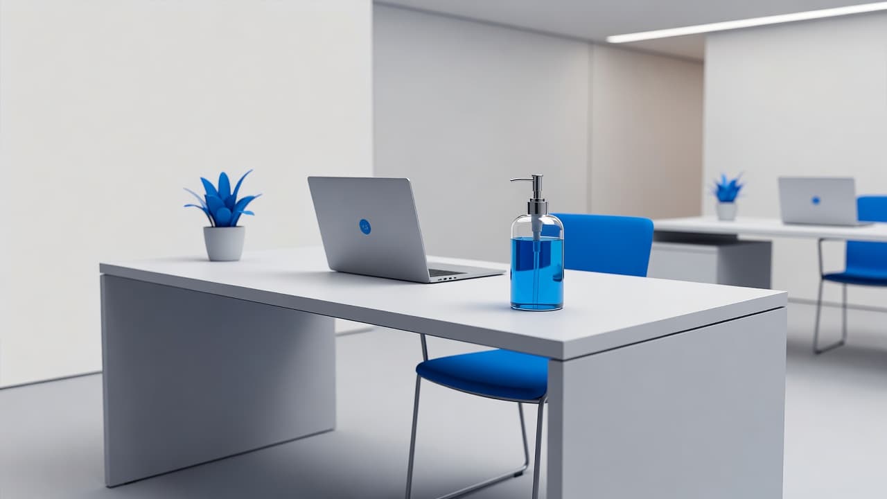 A minimalist office desk features a sleek laptop and a prominent hand sanitizer dispenser as the central focus. The space uses a crisp blue color palette to emphasize hygiene and cleanliness.