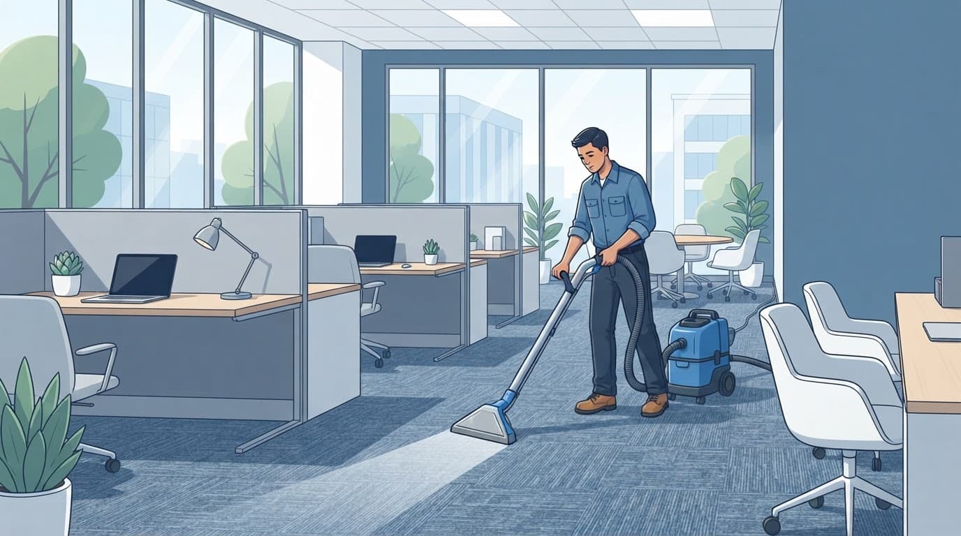 Commercial carpet cleaning in a modern office with a professional carpet extractor.