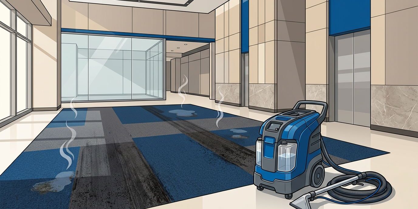 A commercial carpet cleaning machine in an office lobby with stained flooring.