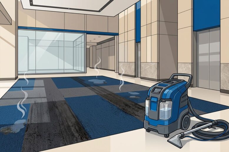 A commercial carpet cleaning machine in an office lobby with stained flooring.