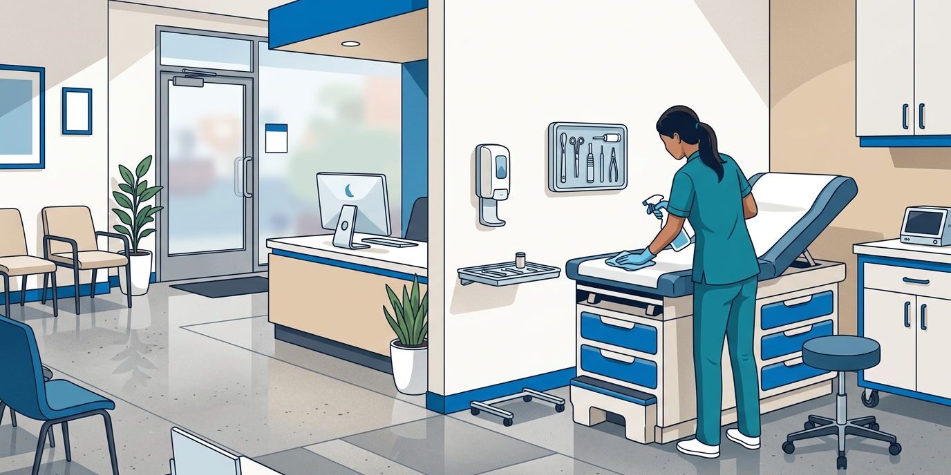 A gloved healthcare cleaner disinfecting an examination room surface.