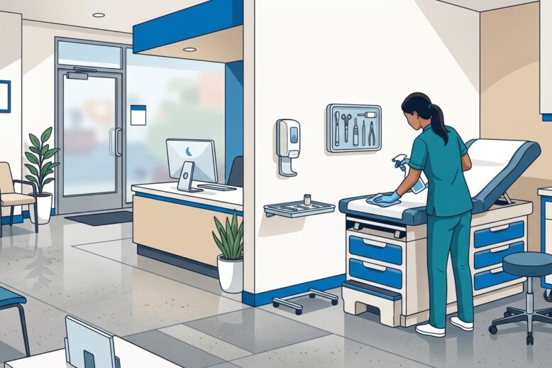 A gloved healthcare cleaner disinfecting an examination room surface.