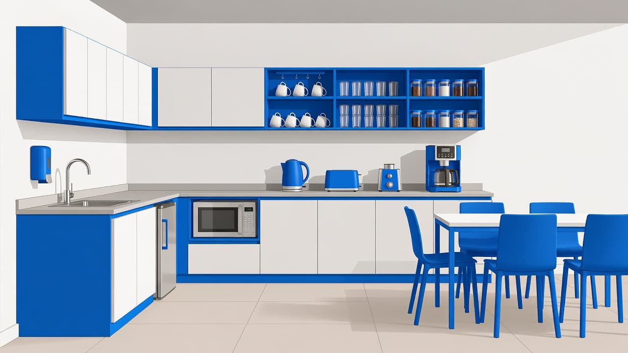 A minimalist office kitchen features smooth blue cabinetry, a stainless steel refrigerator, and an open layout. Neatly arranged coffee supplies sit on a clean countertop beneath bright, evenly distributed interior lighting.
