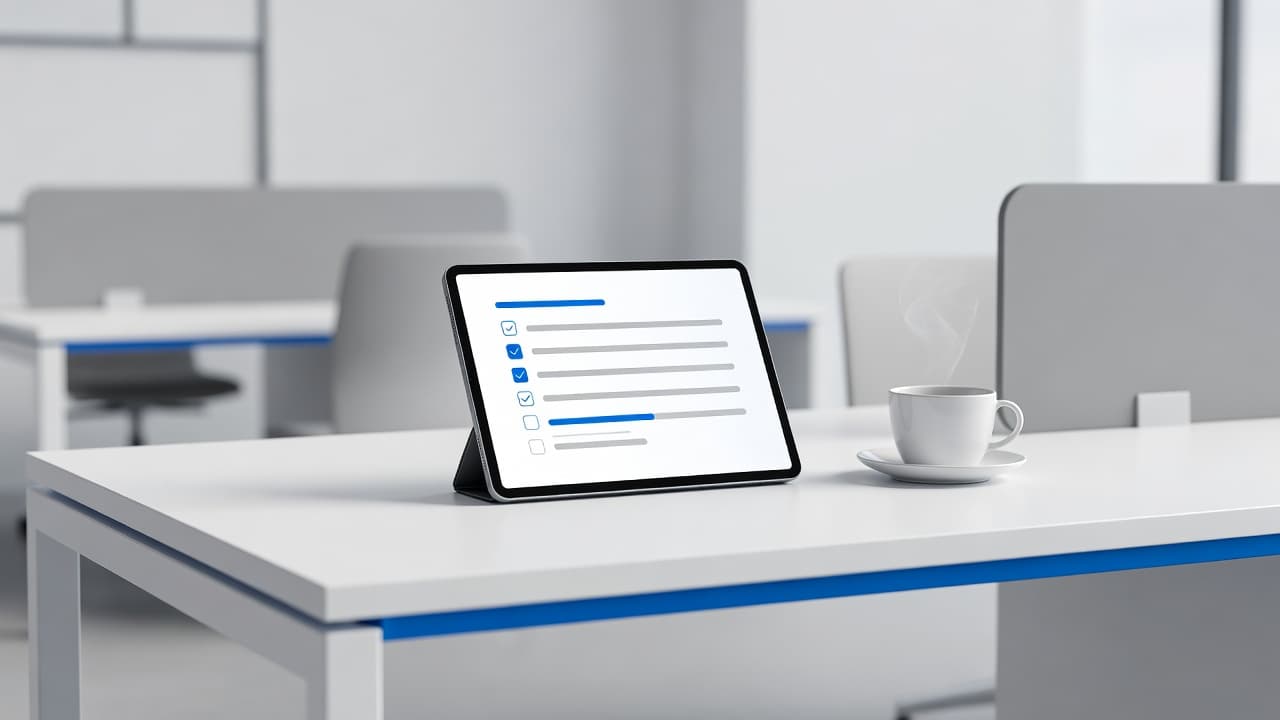 A minimalist desk setup features a sleek tablet displaying a digital task log next to a steaming coffee mug. Geometric shapes and blue accents create a clean, organized professional environment.