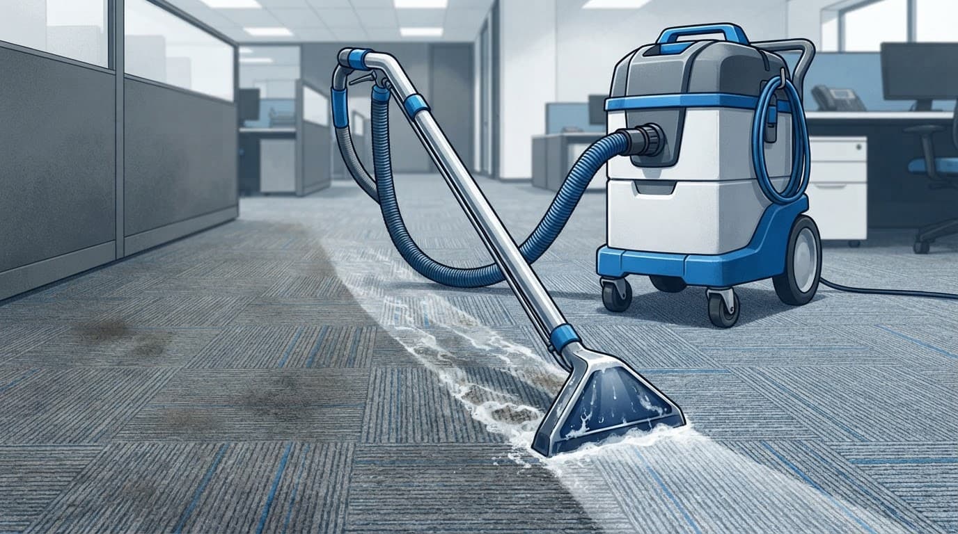Commercial carpet cleaning equipment prepared for deep office carpet extraction.