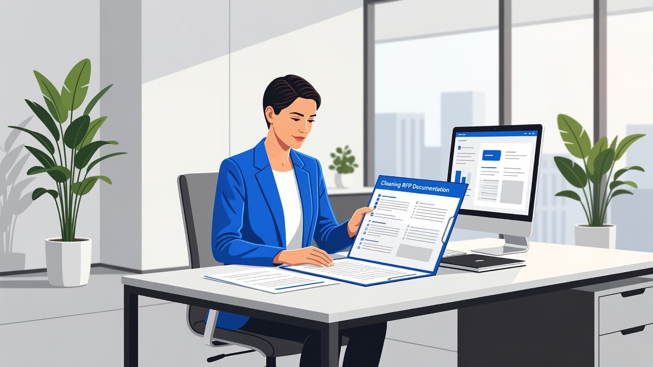 Commercial cleaning RFP checklist for a property manager reviewing service documents at an organized office desk.