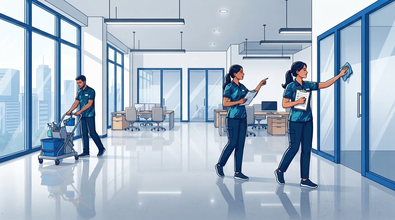 Technicians inspecting a polished empty office.