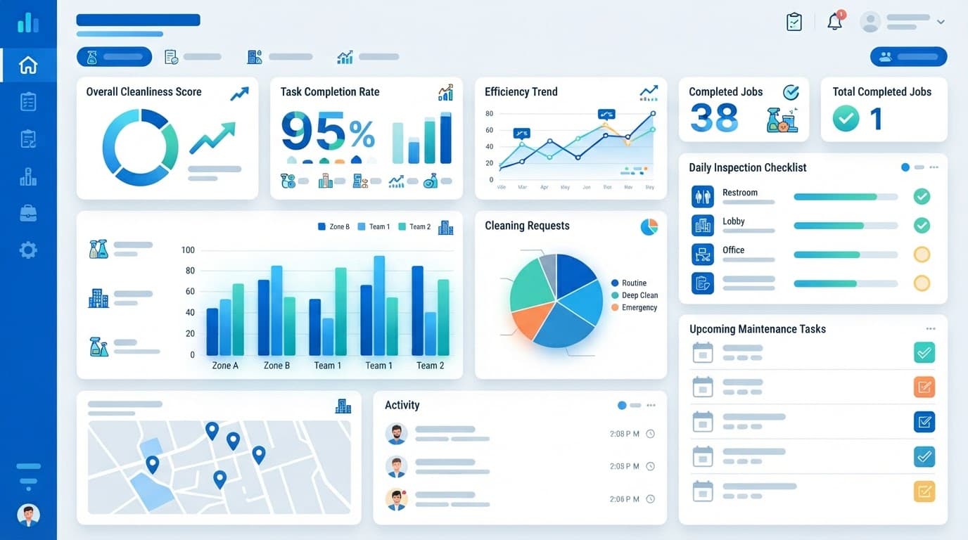 Blue software dashboard with cleaning performance charts and checklist panels.