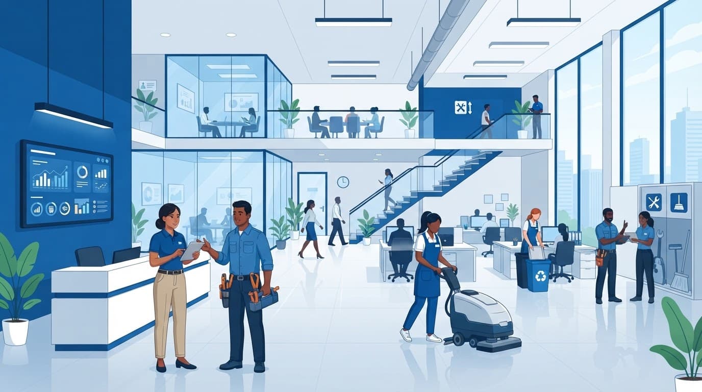 Blue-accented office facility showing cleaning performance