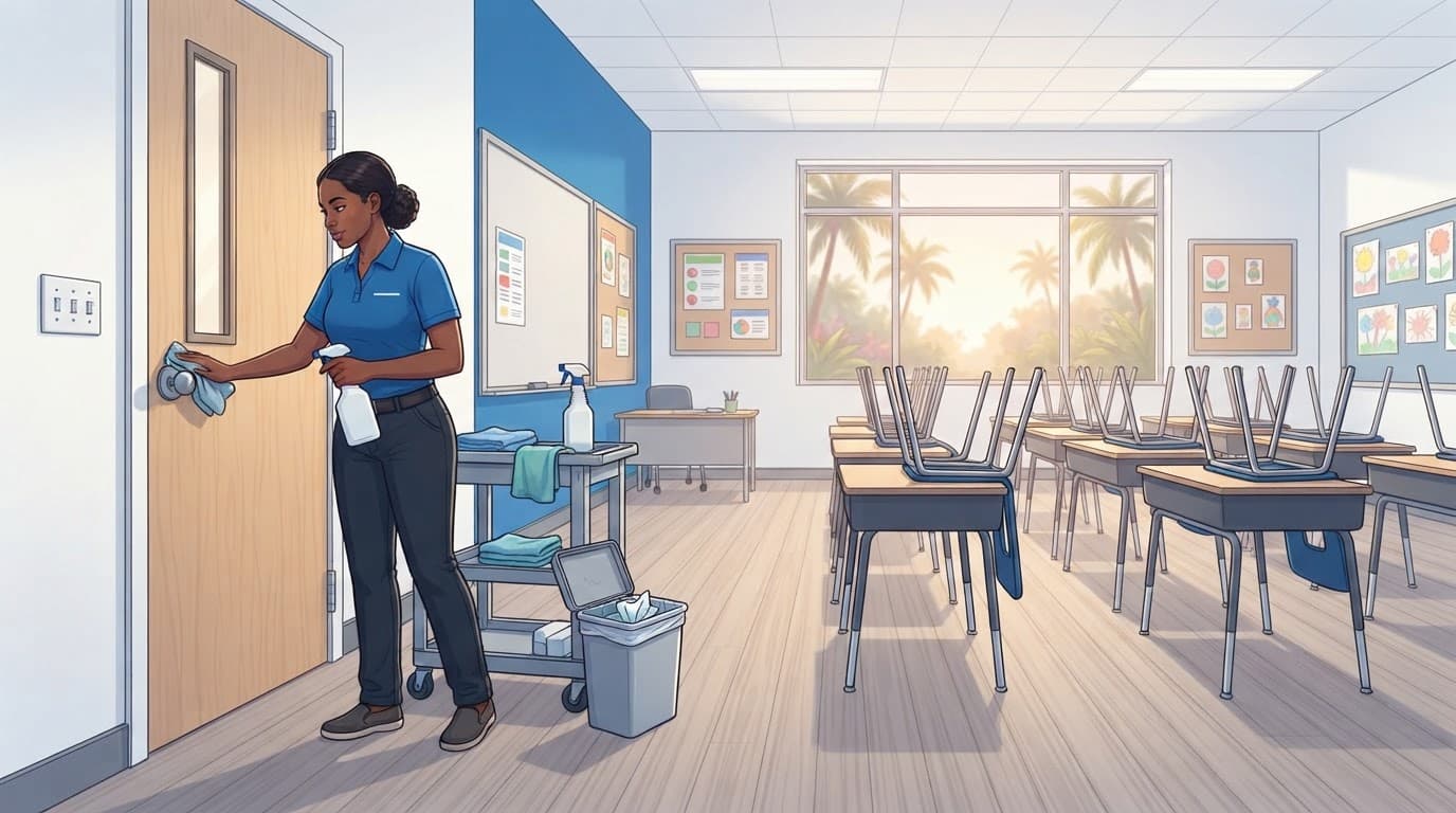 A custodian sanitizes desks in a bright empty classroom with a trash bin nearby.