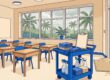 Bright classroom with tidy desks, cleaning supplies, a clipboard, and rainy windows.