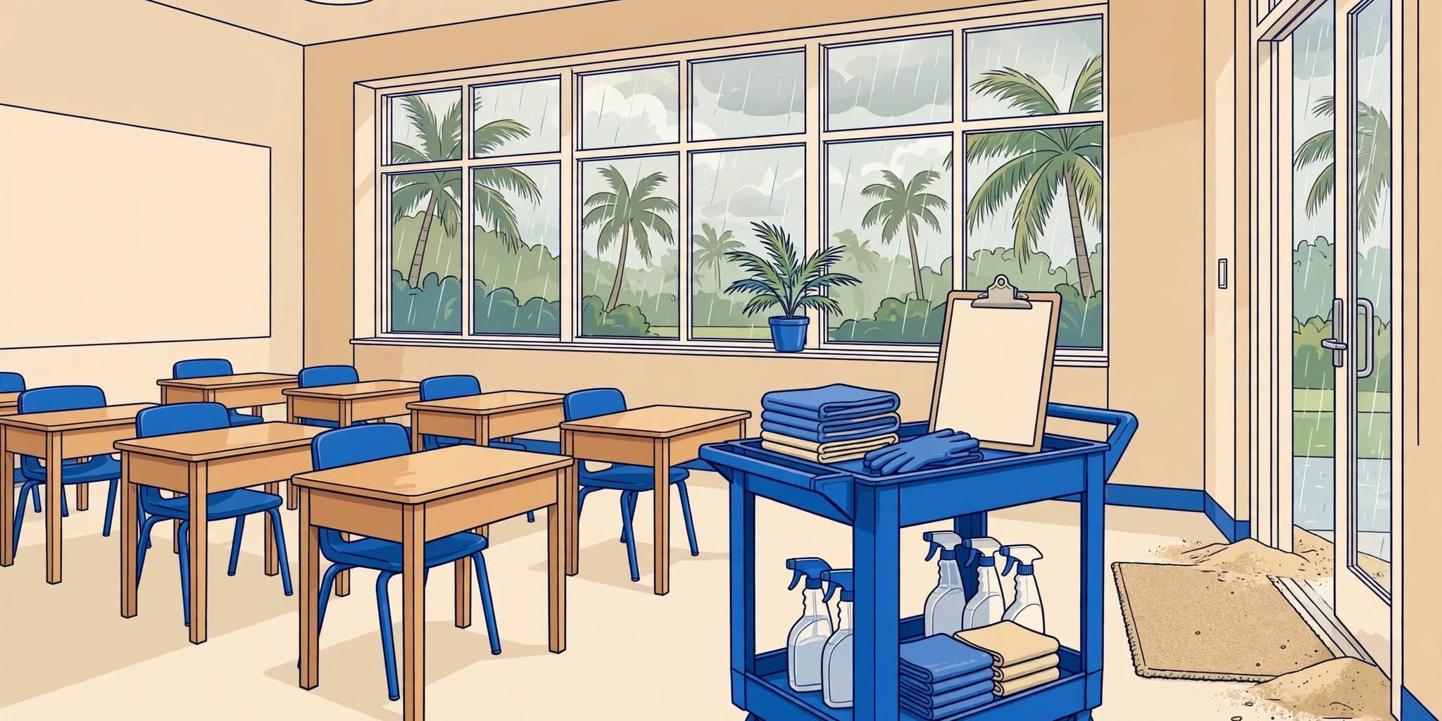 Bright classroom with tidy desks, cleaning supplies, a clipboard, and rainy windows.