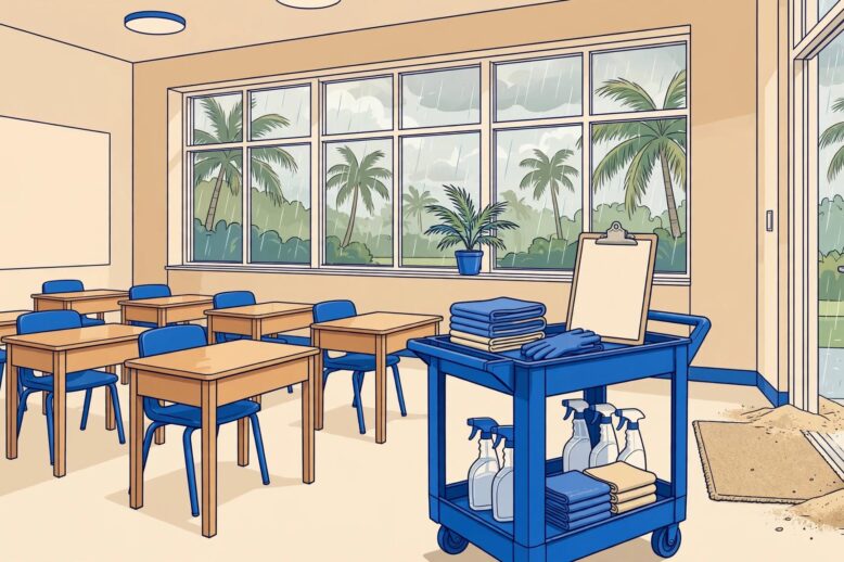 Bright classroom with tidy desks, cleaning supplies, a clipboard, and rainy windows.