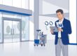 A property manager reviews cleaning data on a tablet in a bright office lobby.