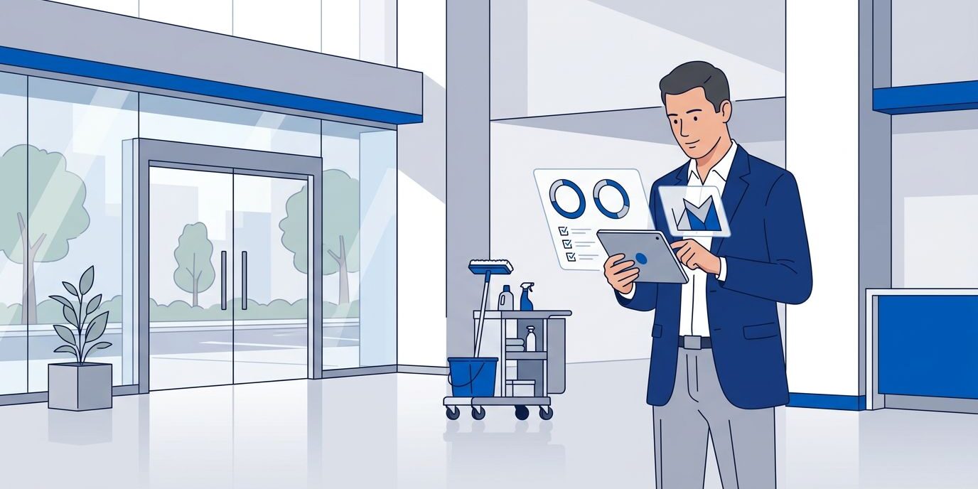Commercial Cleaning Dashboard A property manager reviews cleaning data on a tablet in a bright office lobby.