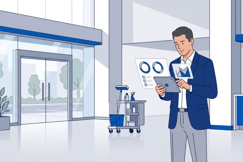 A property manager reviews cleaning data on a tablet in a bright office lobby.