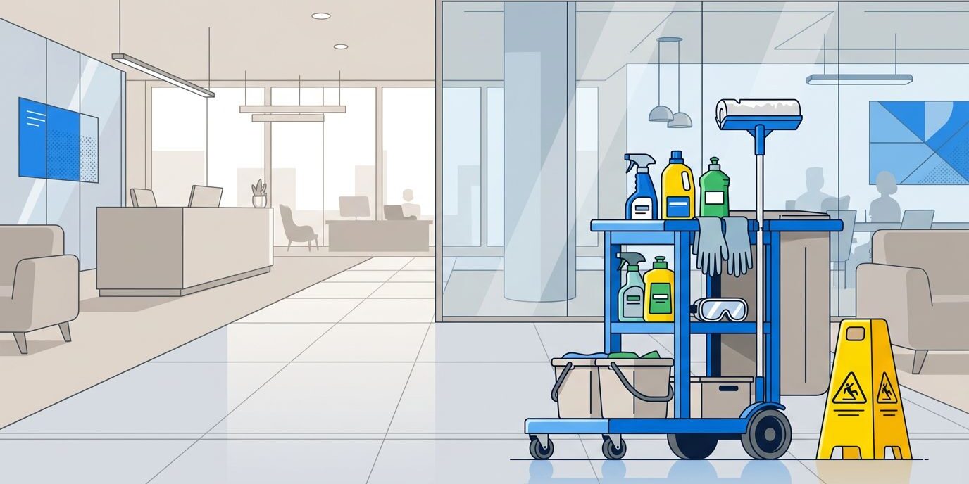 Cleaning supplies and a caution cone sit beside a clear office lobby walkway.