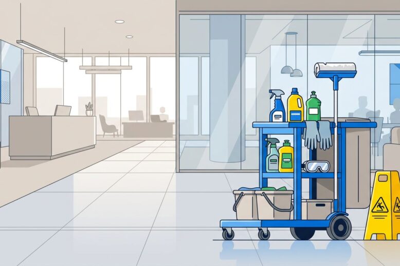 Cleaning supplies and a caution cone sit beside a clear office lobby walkway.
