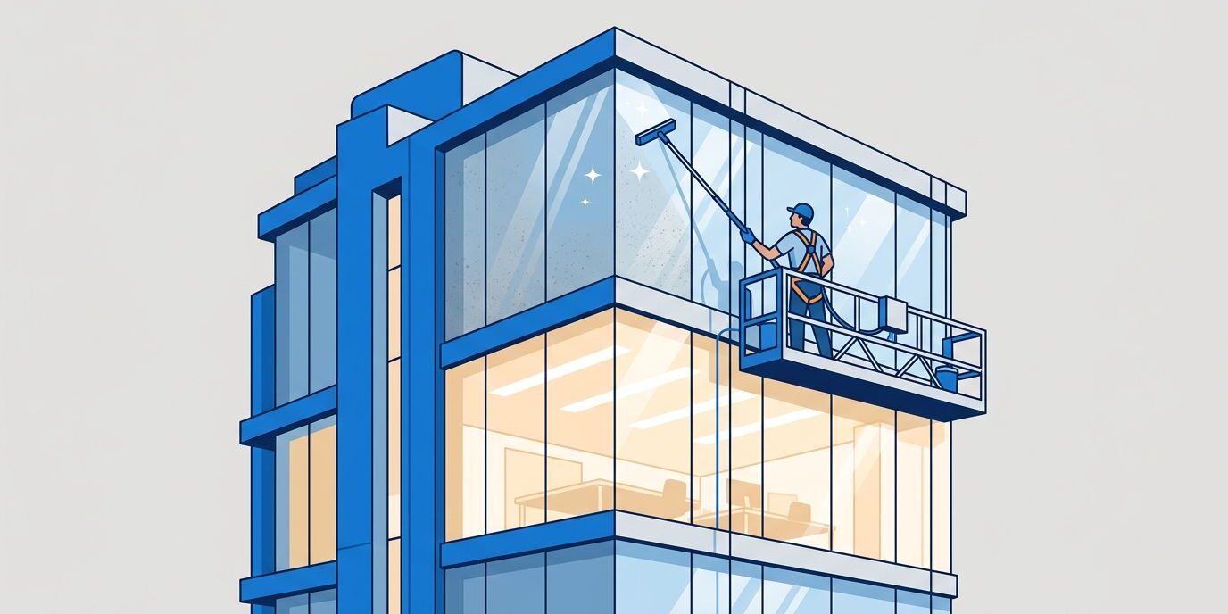 A window cleaner on a suspended platform washes an office building’s glass exterior.