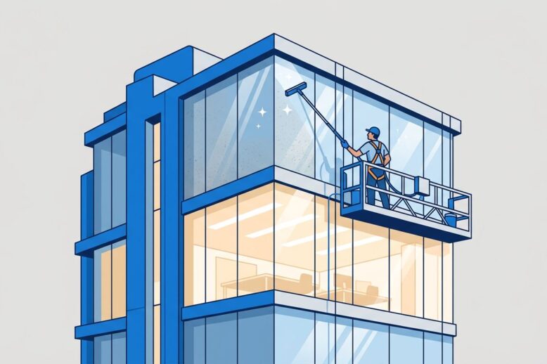 Office Window Cleaning Platform A window cleaner on a suspended platform washes an office building’s glass exterior.