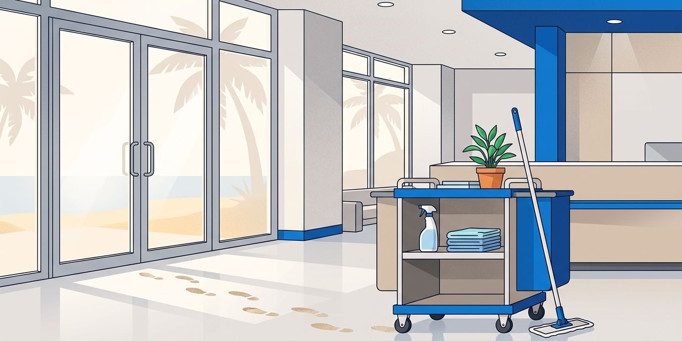 Eco-Friendly Office Supplies A cleaning cart with reusable supplies sits beside a sunny office entrance.