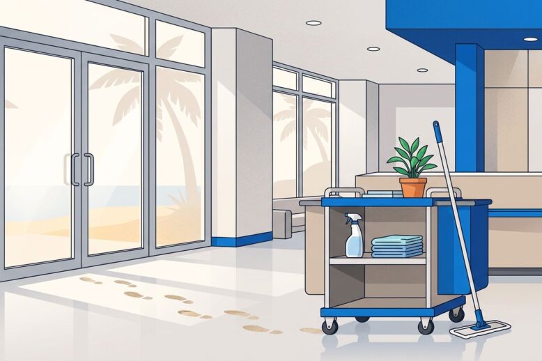 A cleaning cart with reusable supplies sits beside a sunny office entrance.