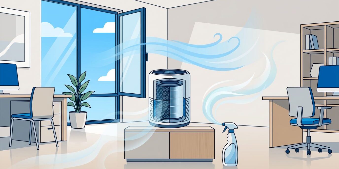 A clean office with an open window, fading odor wisps, and a compact air purifier.