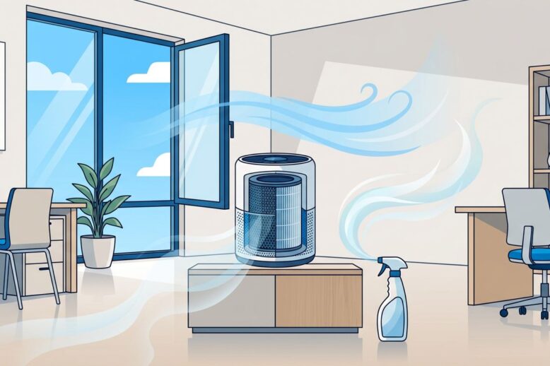 A clean office with an open window, fading odor wisps, and a compact air purifier.