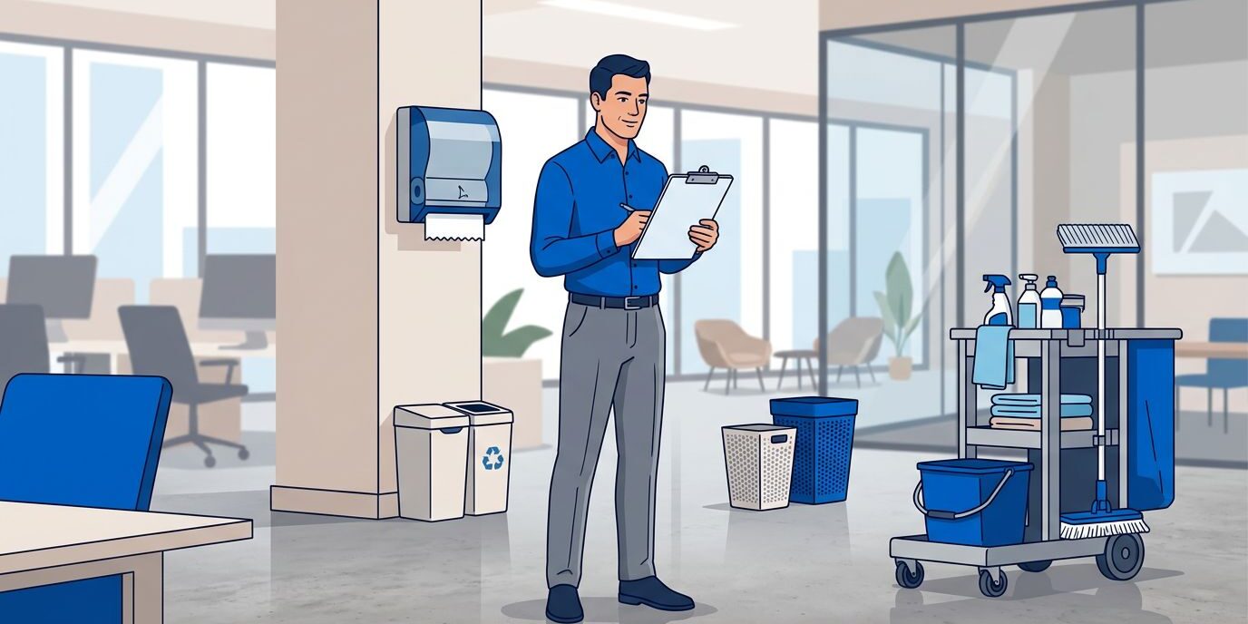 A facilities manager checks a clipboard in a clean, organized office.