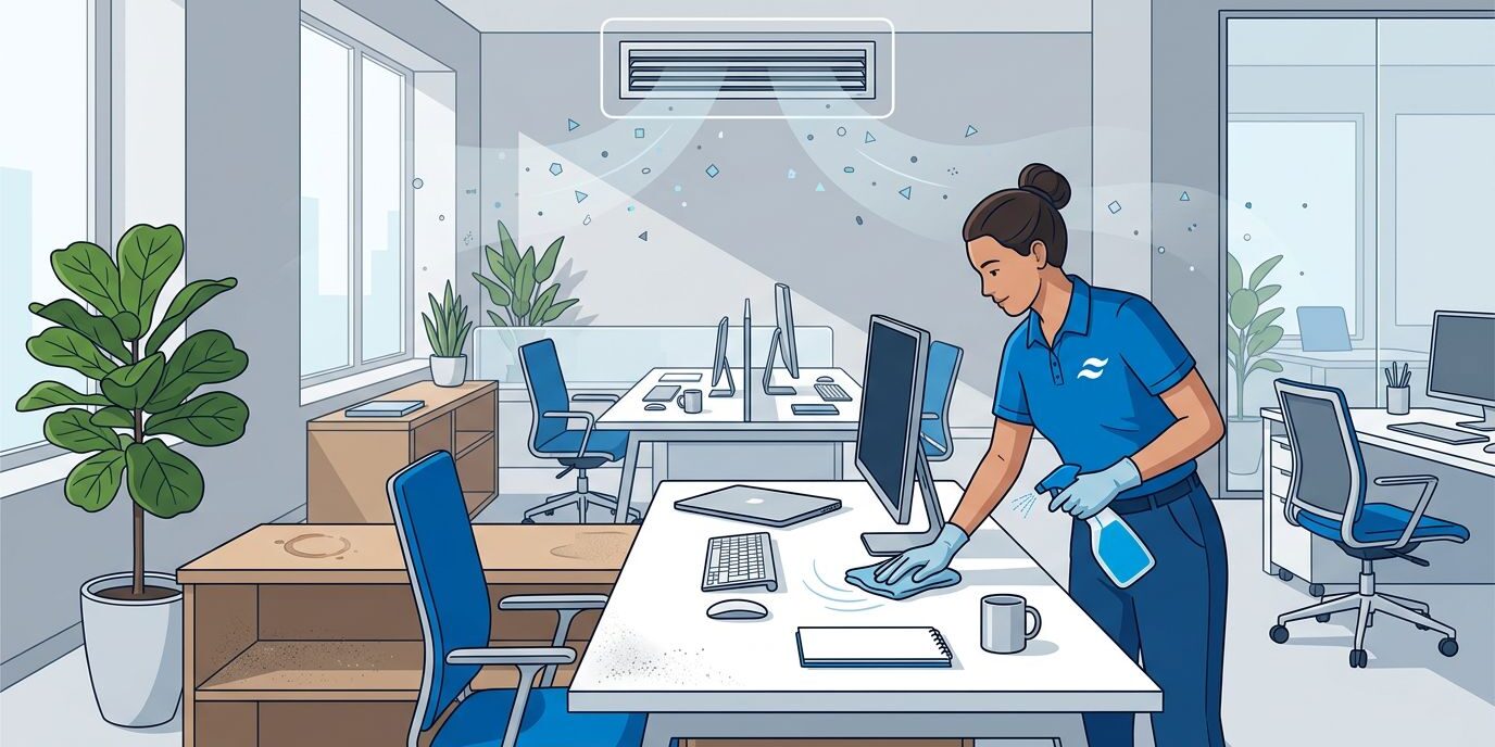 Office Air Quality Illustration A cleaner wipes an office desk beneath a dusty HVAC vent near a potted plant.