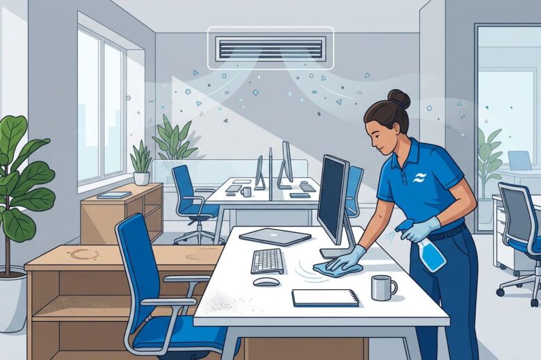 Office Air Quality Illustration A cleaner wipes an office desk beneath a dusty HVAC vent near a potted plant.