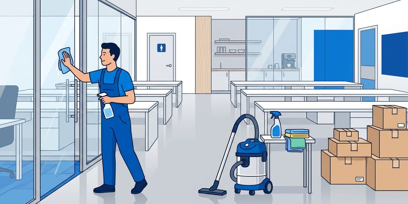 Fresh Office Move-In Cleaner wiping a glass door in a bright, empty office with boxes and cleaning supplies.