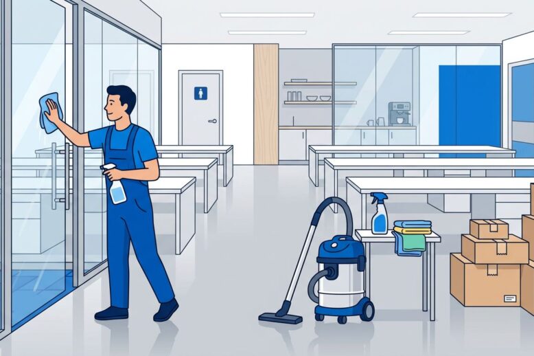 Fresh Office Move-In Cleaner wiping a glass door in a bright, empty office with boxes and cleaning supplies.