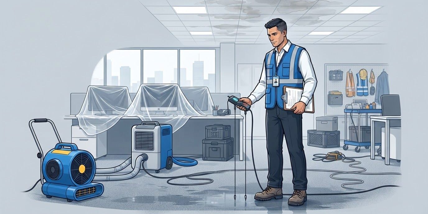 Office Water Damage Inspection A manager inspects a wet office near drying equipment and protected computers.