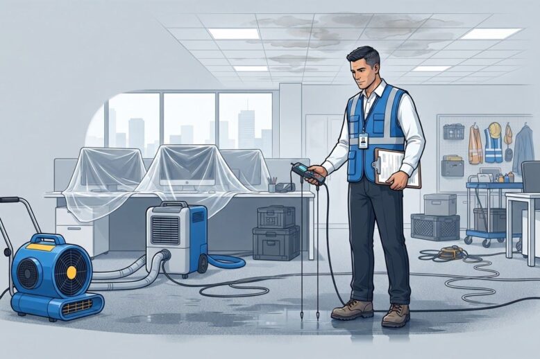 A manager inspects a wet office near drying equipment and protected computers.