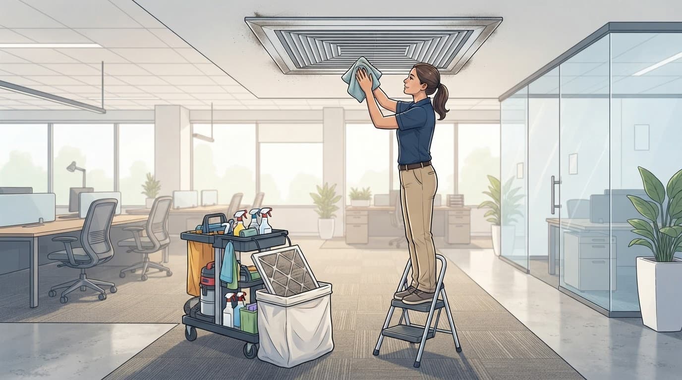Office cleaning removes dust near an HVAC vent.