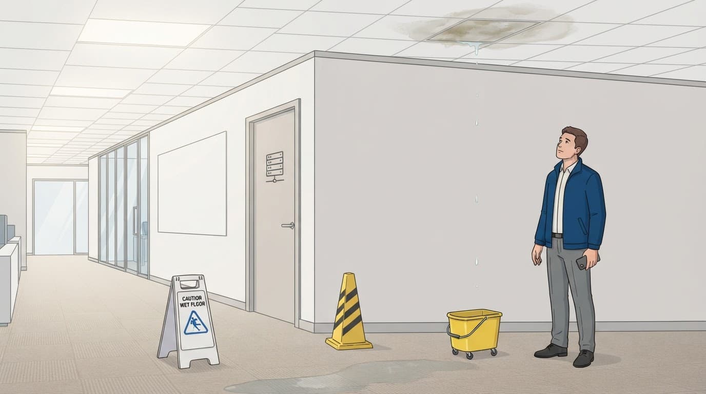 Office water damage cleanup safety assessment in a commercial corridor
