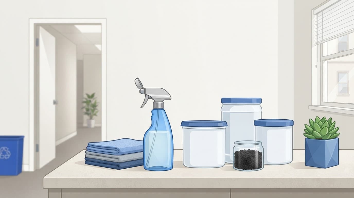 Open spray bottle, cloths, cleaning containers, carbon media, and a plant in a tidy office utility area.