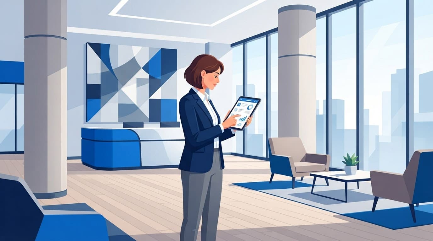Facility manager reviewing an inspection tablet in a modern office lobby.